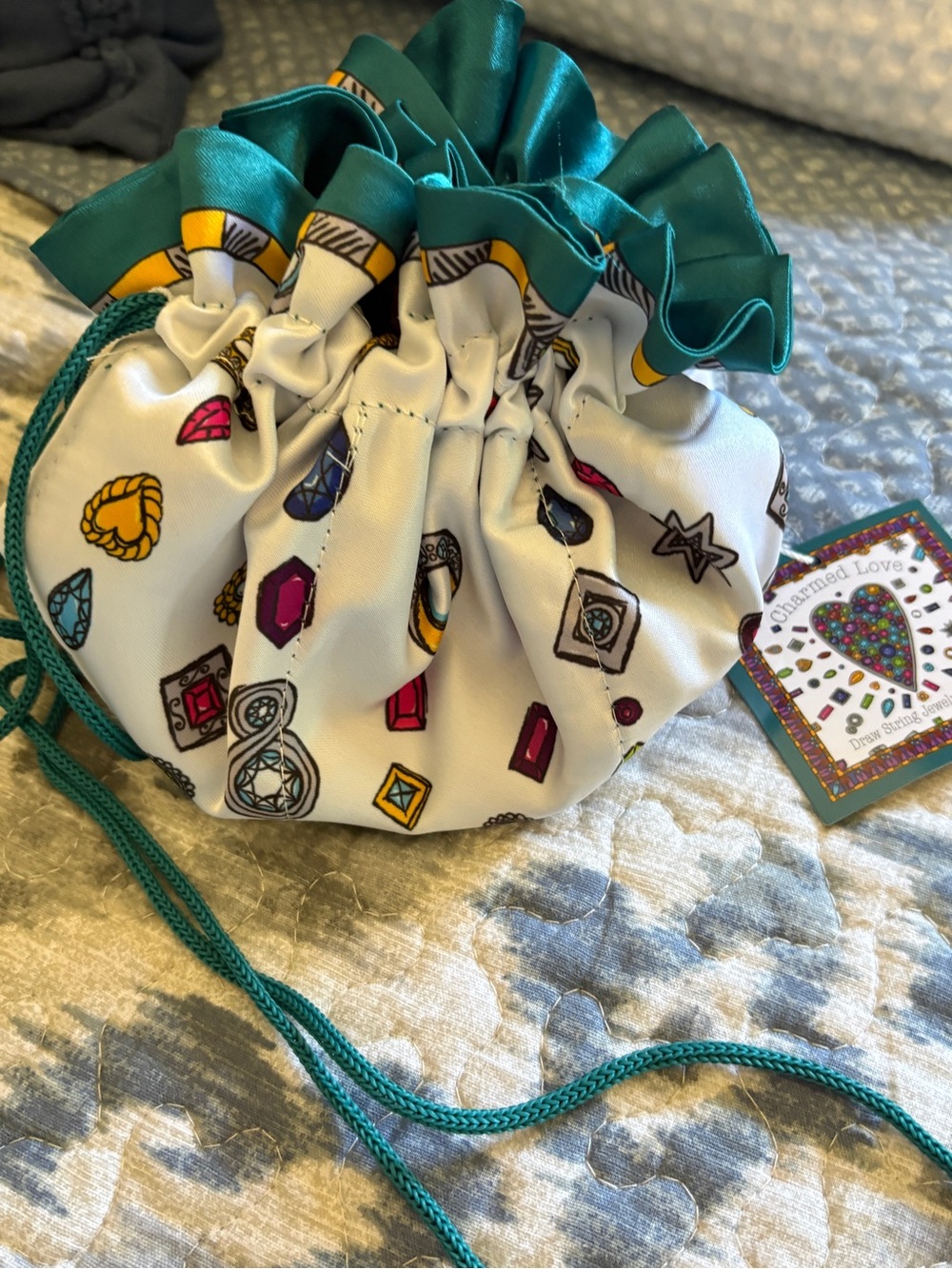 Brighton Drawstring Jewelry Pouch with Jewel Print in Teal and White
